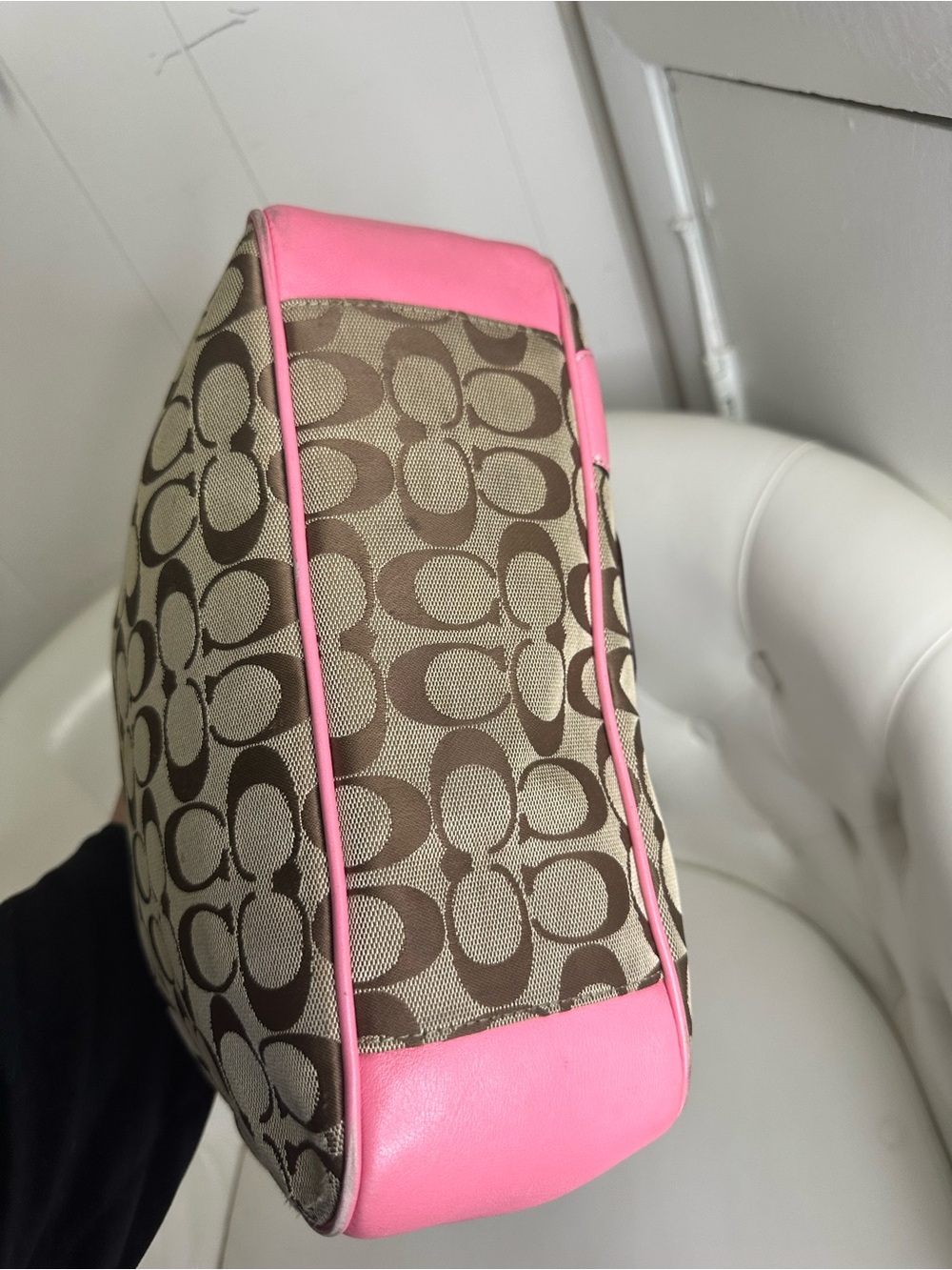 Coach Pink Floral Signature Tote with Green Leaf Accents - Picture 5 of 7